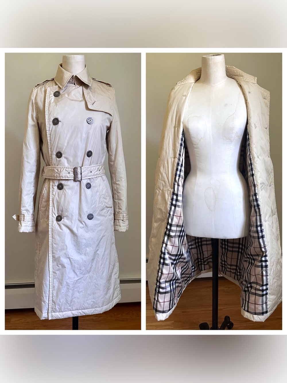 Burberry London Trench Coat - Plaid Check Lining, Double Breasted Belted Small 4